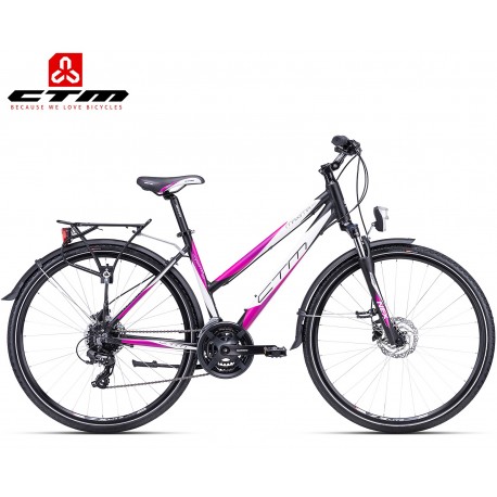 CTM Maxima 3.0 2019 Černé fialové dámské trekové kolo s blatníky a nosičem
