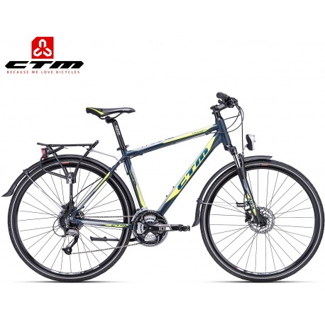 TRANZ 2.0 CTM 2019 petrolejové modré limetkové žluté cross trekingové kolo s blatníky a nosičem